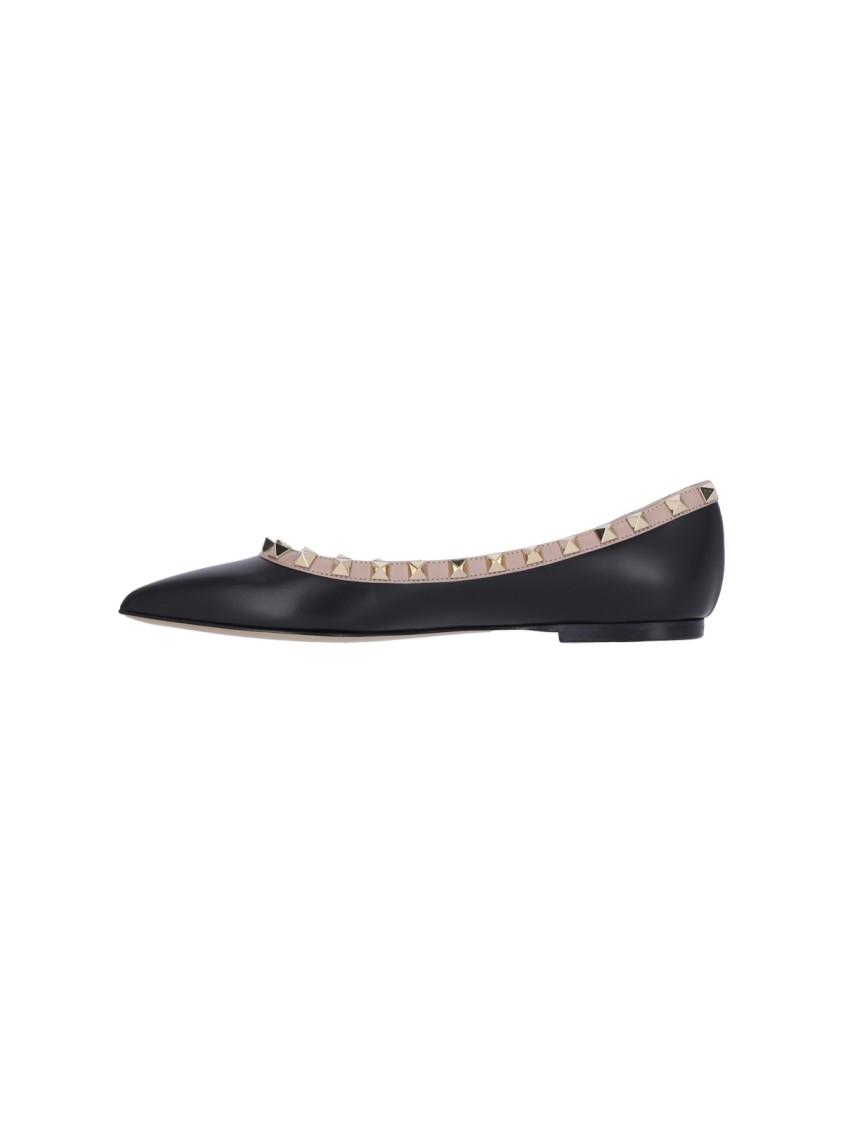 VALENTINO GARAVANI Pointed Toe Studded Trim Flat Sole Ballerina In Black Product Image