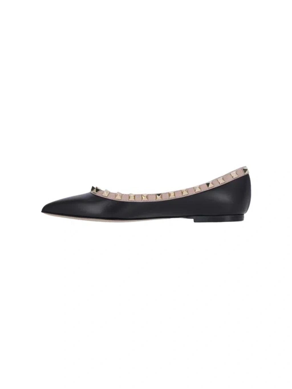 VALENTINO GARAVANI Pointed Toe Studded Trim Flat Sole Ballerina In Black Product Image
