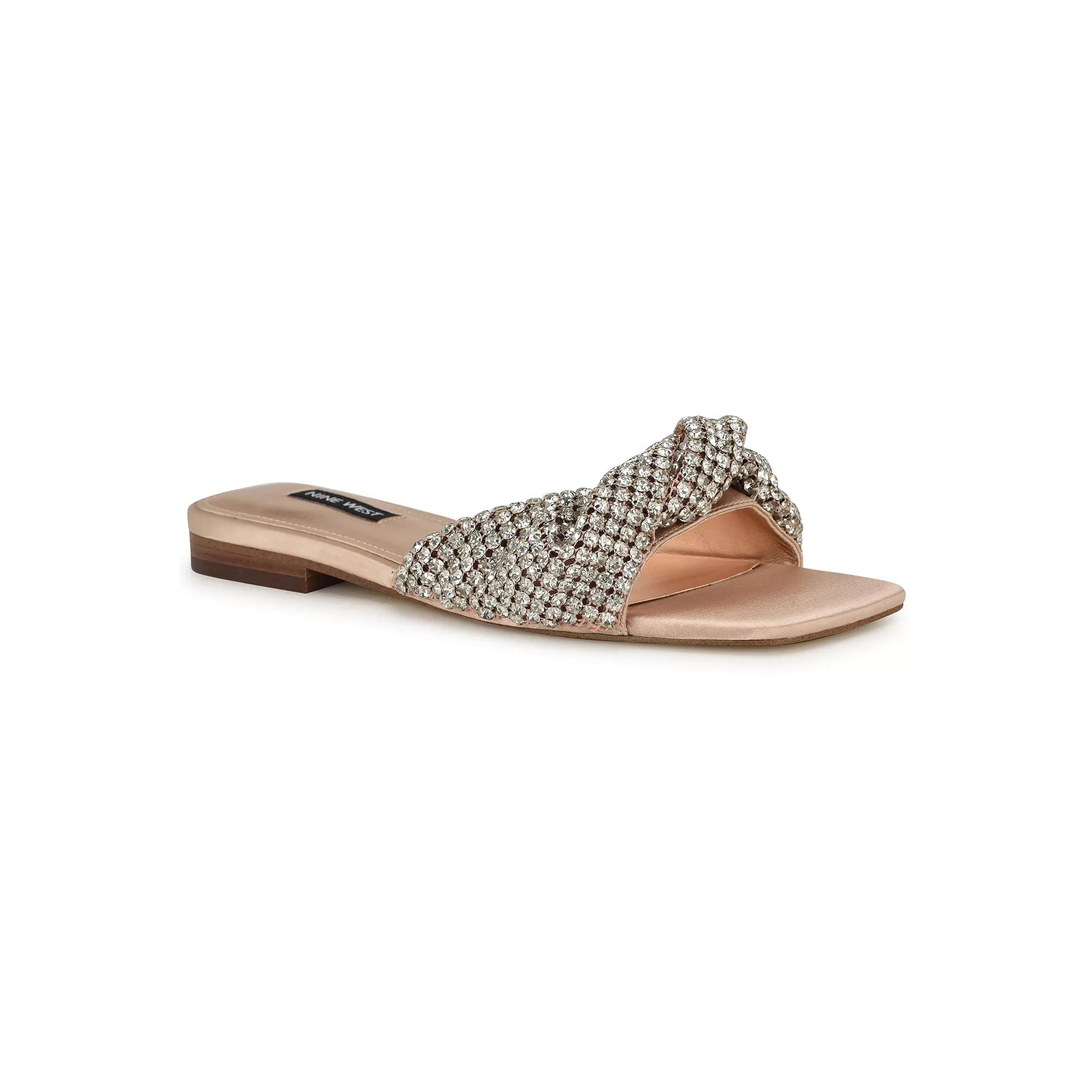 Nine West Mande Embellished Square Toe Women's Slip-On Sandals, Size: 11, Light Natural Satin Product Image