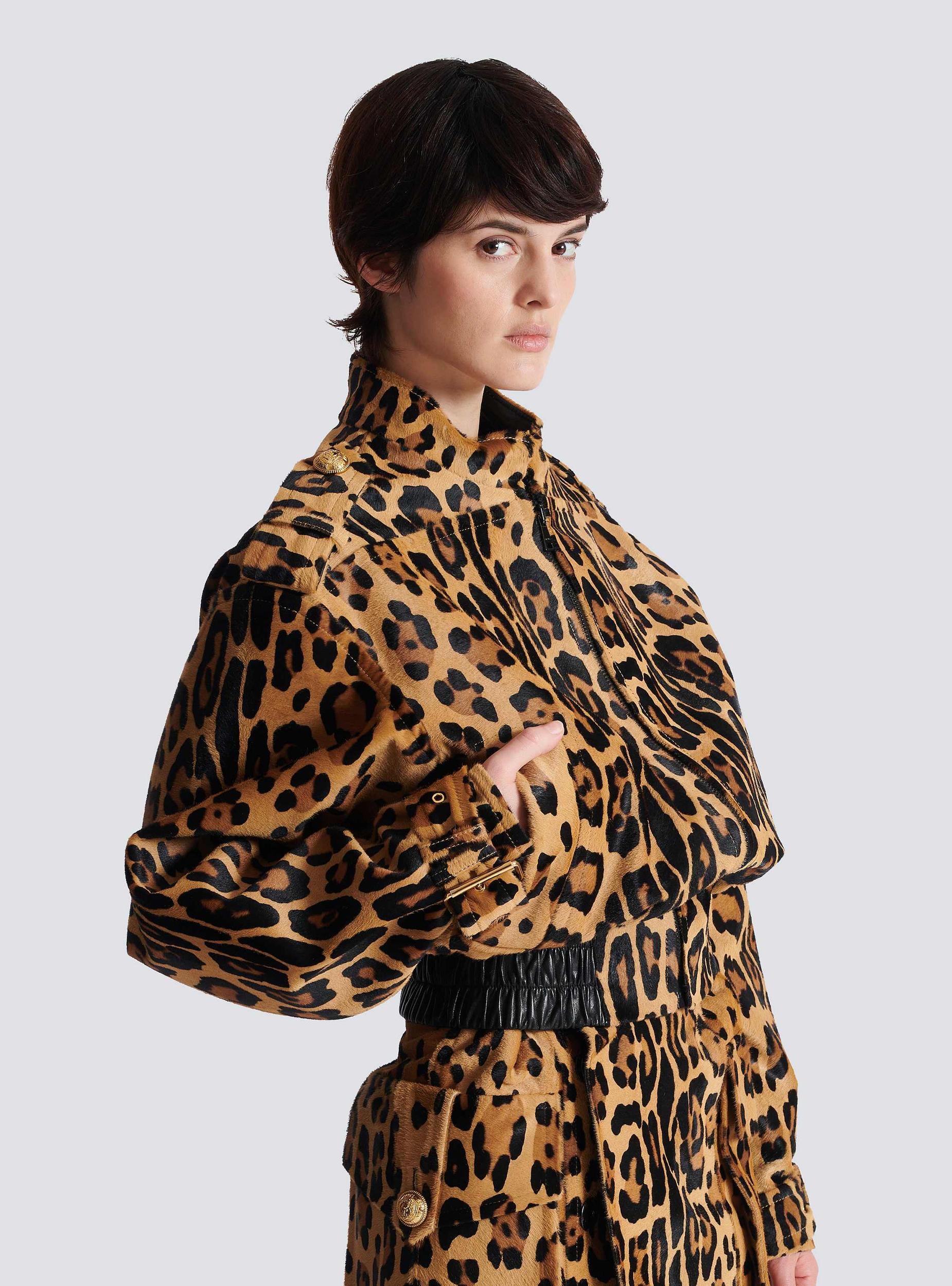 Ponyskin-style leather bomber jacket with leopard pattern Product Image