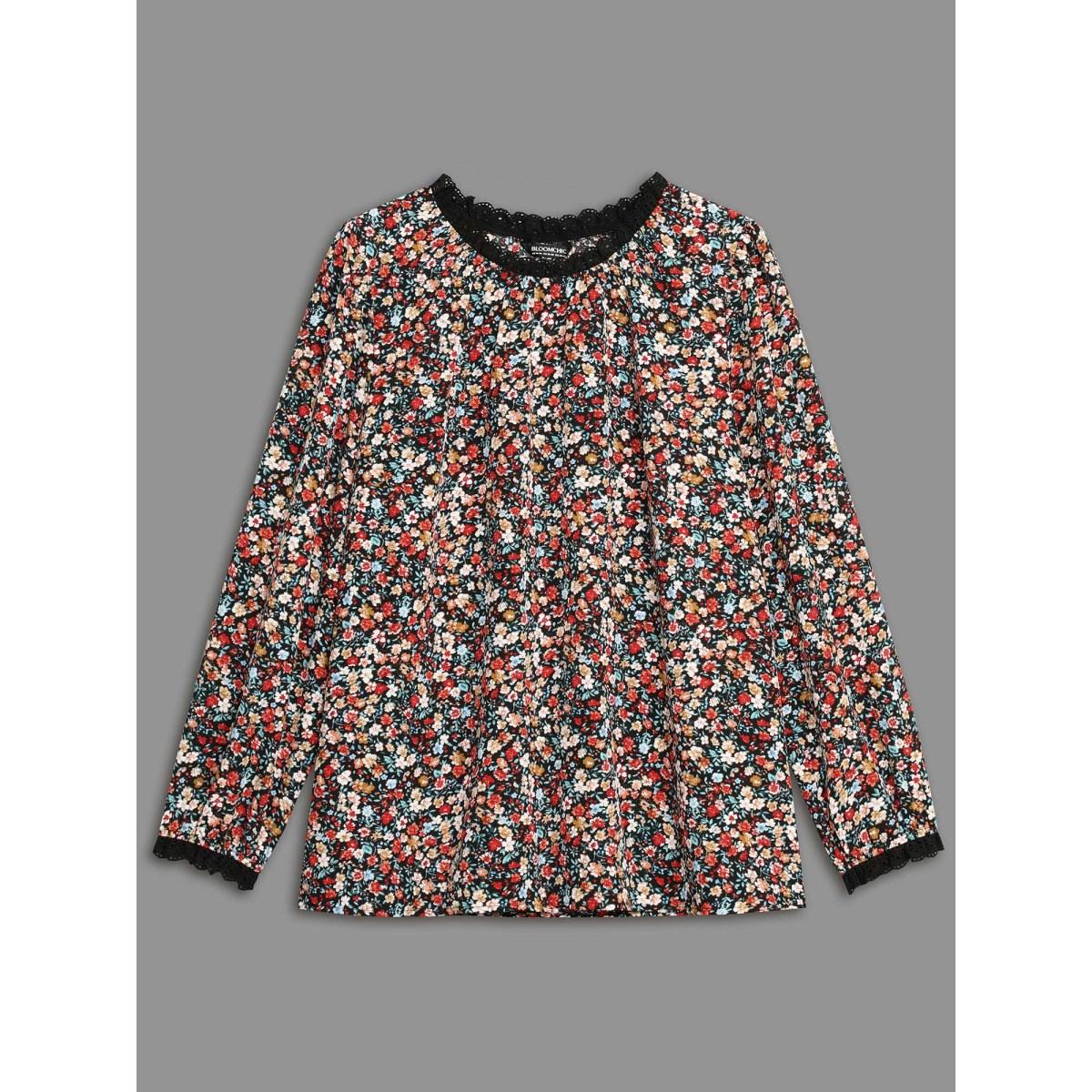 Plus Size Black Ditsy Floral Lace Patchwork Slit Hem Blouse Women Elegant Long Sleeve Stand-up collar Everyday Blouses BloomChic 10/M Product Image