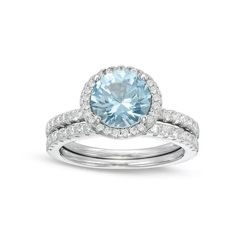 Gemminded Lab-Created Aquamarine Silver Tone 2-Piece Wedding Band Set, Women's,  Product Image