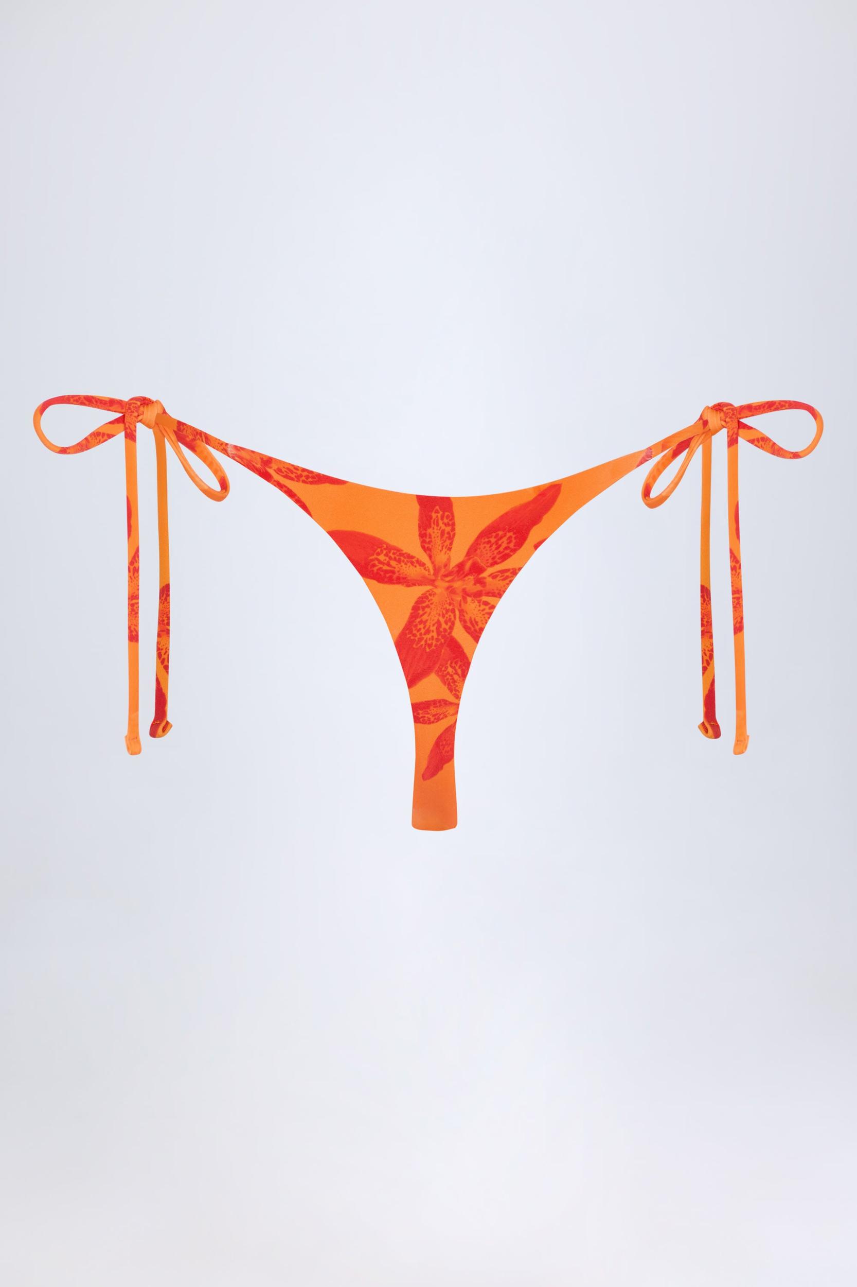 Side-Tie Thong Bikini Bottoms in Orange Orchid Print Product Image
