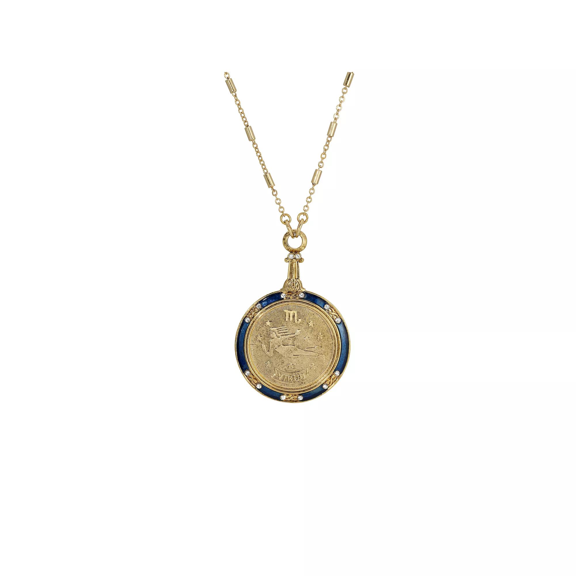 1928 Gold Tone Blue Enamel & Clear Crystal Zodiac Pendant Necklace, Womens, Virgo Product Image