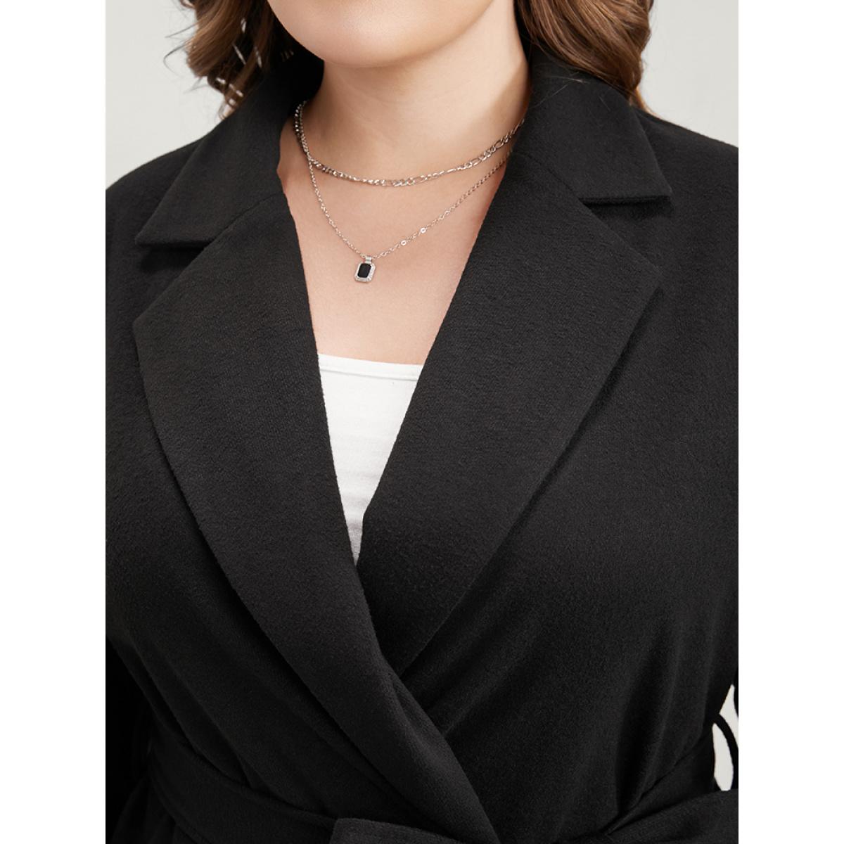 Plus Size Solid Open Front Belted Asymmetrical Hem Blazer Black Women Work Plain Belted Sleeve Long Sleeve Suit Collar 22-24/3X Pocket Belt Casual Blazers BloomChic Product Image