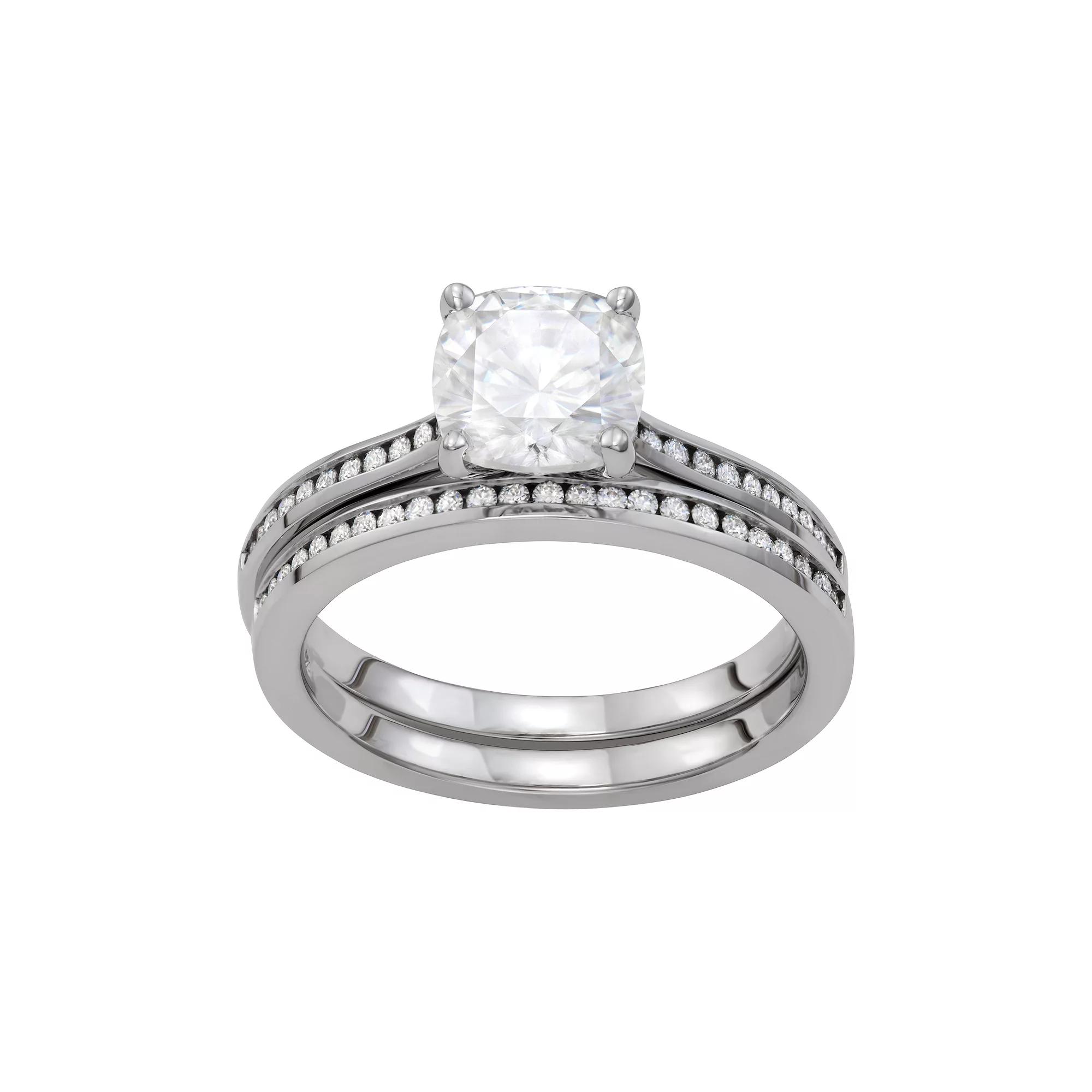 Charles & Colvard 14k White Gold 2 3/4 Carat T.W. Lab Created Moissanite Cushion Engagement Ring Set, Women's, Size: 7, 14k Whgold Product Image