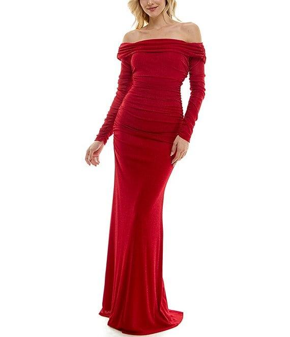 B. Darlin Off-The-Shoulder Long Sleeve Shirred Bodice Dress Product Image