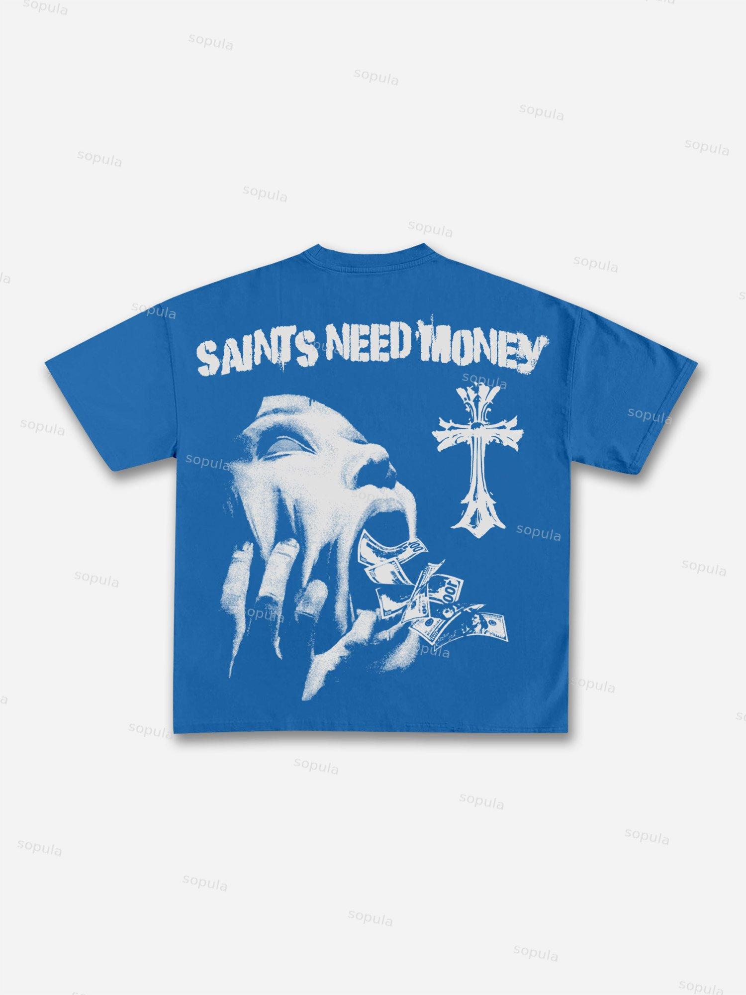 Saints Need Money Too Retro Graphic Cotton T-shirt Product Image