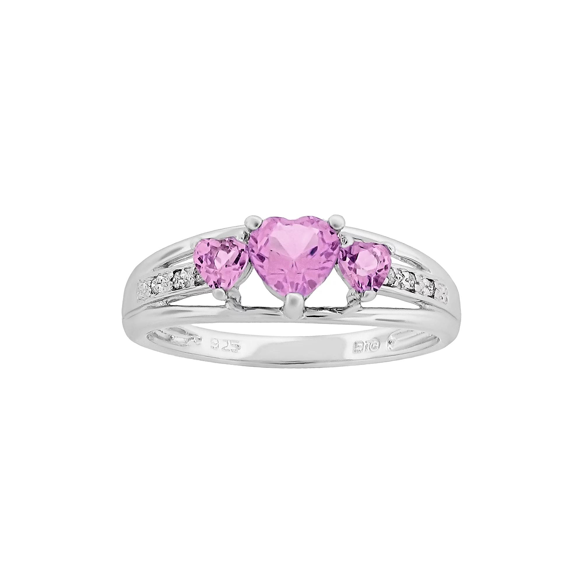 Gemminded Sterling Silver Lab-Created Pink Sapphire and Diamond Accent Heart 3-Stone Ring, Women's,  Product Image