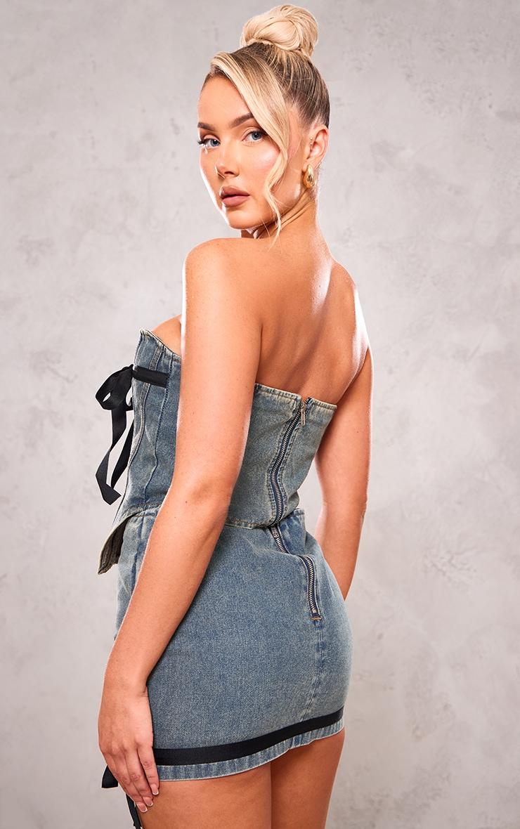  Vintage Mid Wash Contrast Bow Detail Denim Corset Top Product Image