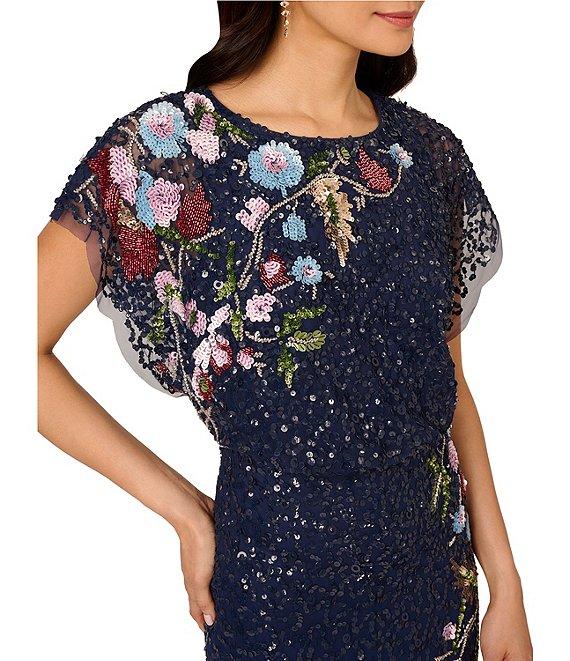 Adrianna Papell Beaded Sequin Mesh Floral Mermaid Boat Neck Short Dolman Sleeve Gown Product Image