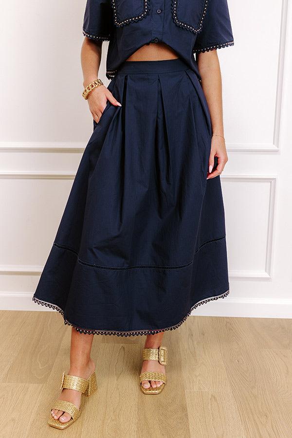 Courtyard Brunch High Waist Midi Skirt in Navy Product Image