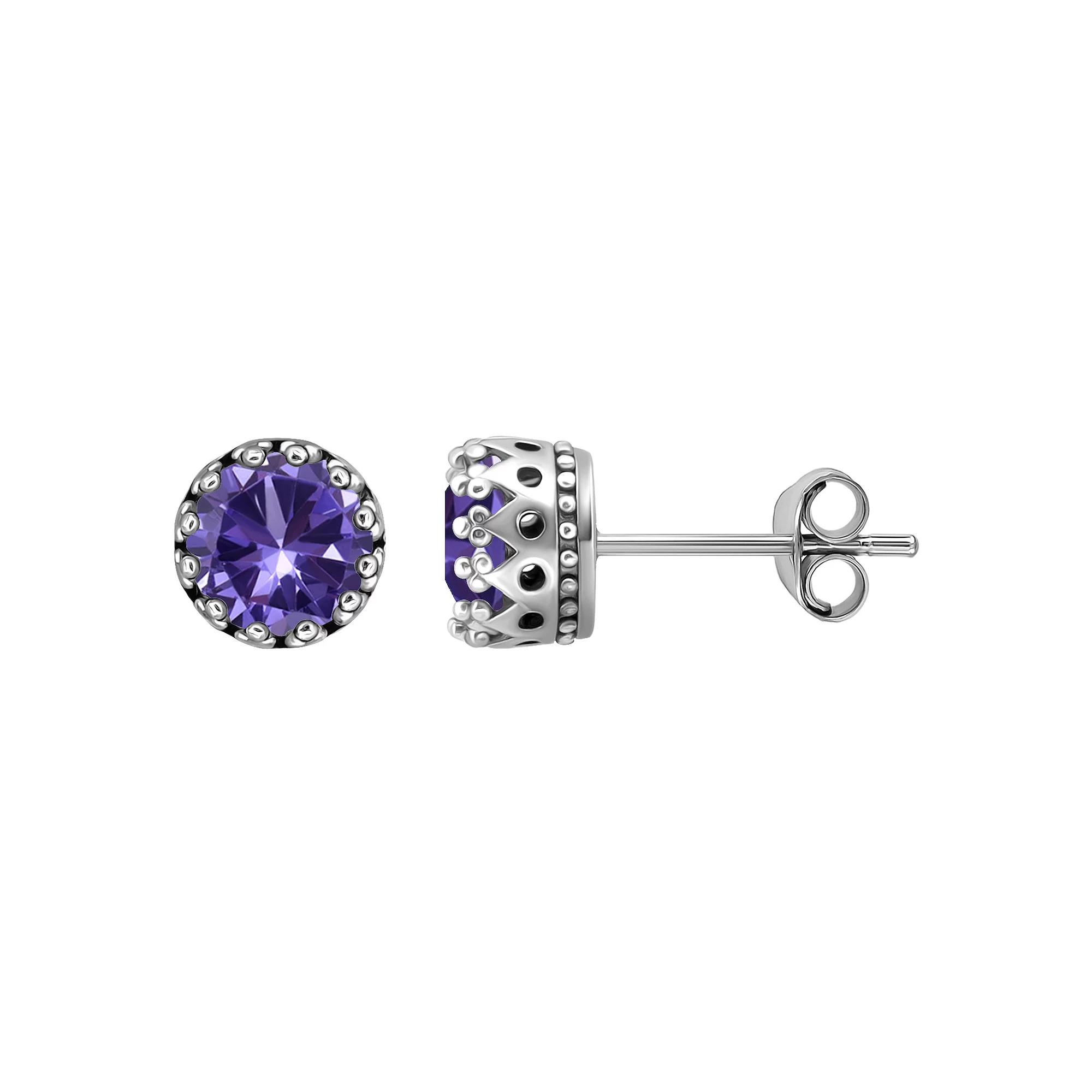 Aleure Precioso Sterling Silver Round Crown Set Stud Earrings, Women's, Purple Product Image