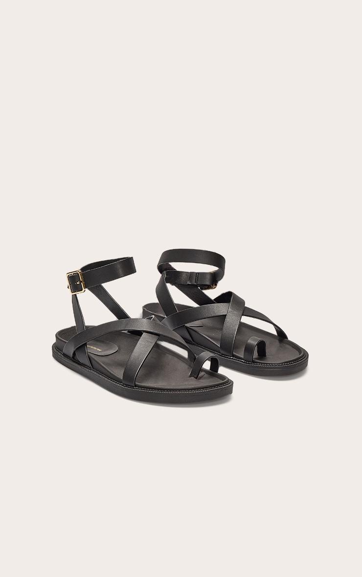 Black Pu Round Toe Gold Toe Loop Strappy Footbed Sandals Product Image