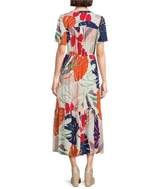 Nurture Leaf Print Short Flutter Sleeve V-Neck A-Line Maxi Dress Product Image