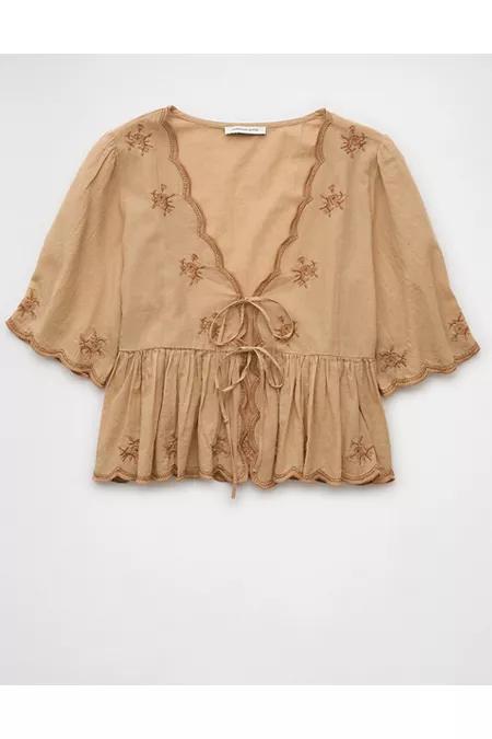 AE Embroidered Tie Front V-Neck Blouse Women's Product Image