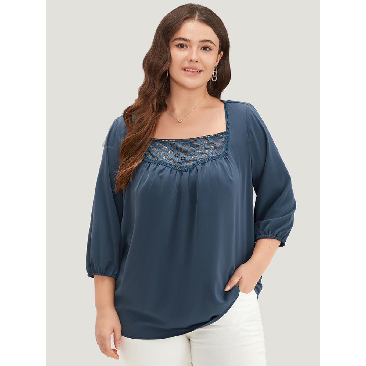Plus Size Indigo Anti-Wrinkle Square Neck Lace Panel Gathered Blouse Women Office Elbow-length sleeve Square Neck Work Blouses BloomChic 10/M Product Image
