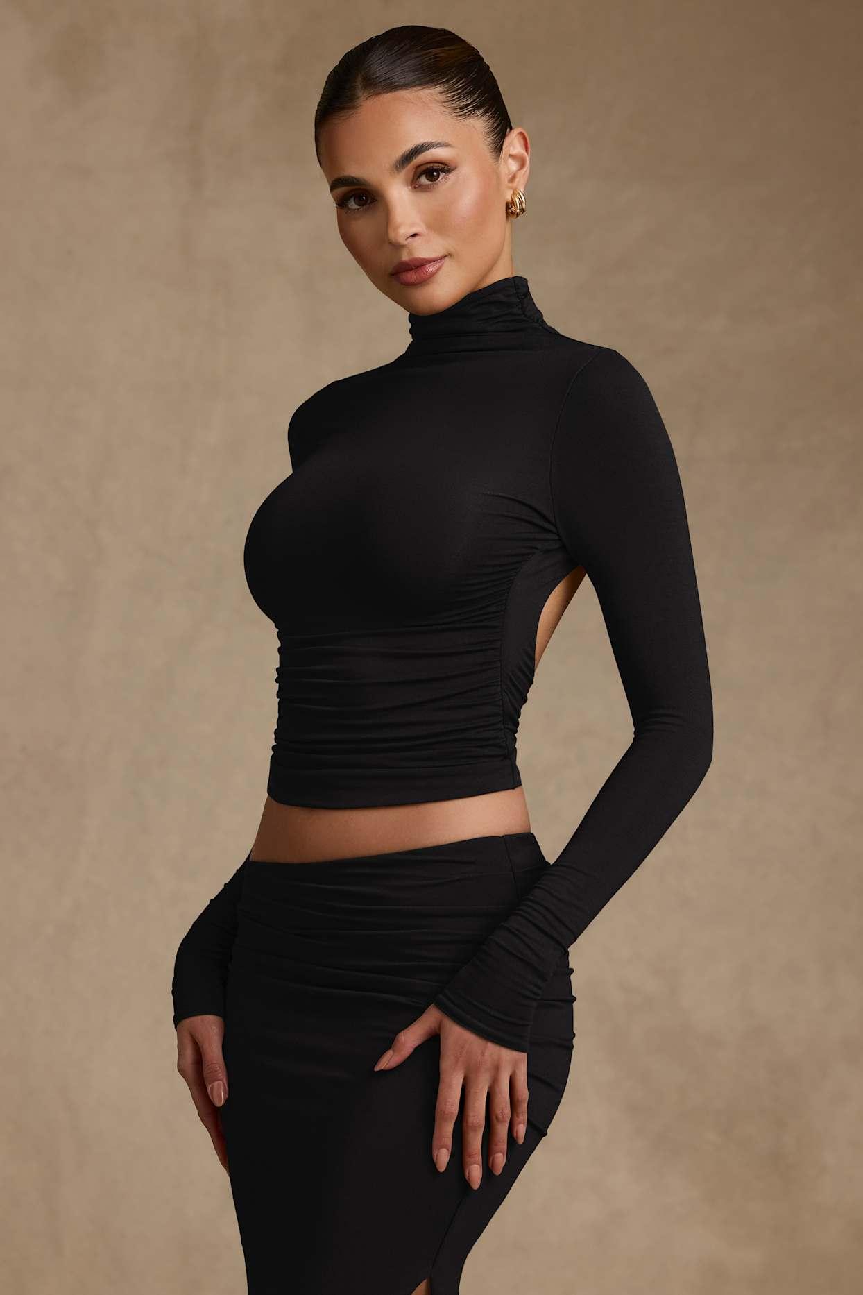 Modal Ruched Backless Turtleneck Top in Black Product Image