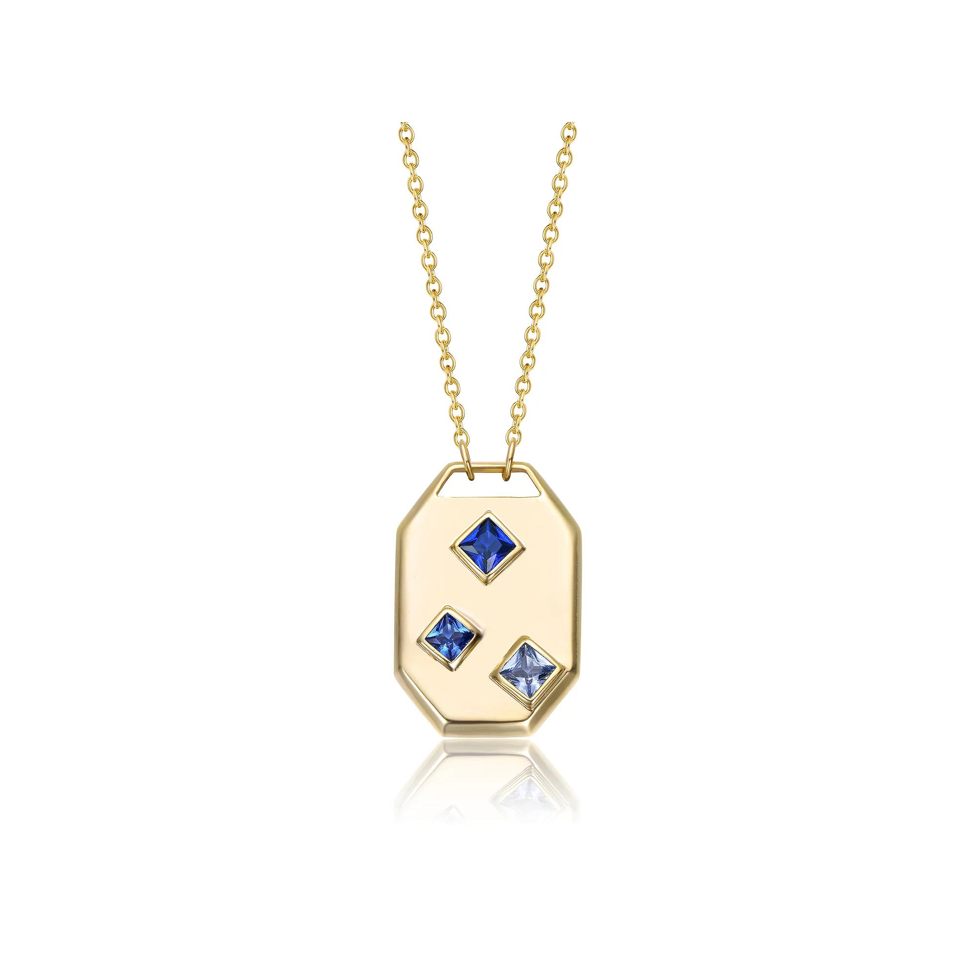 14k Gold Plated Blue Cubic Zirconia Geometric Dog Tag Pendant Necklace, Womens Gold Tone Product Image