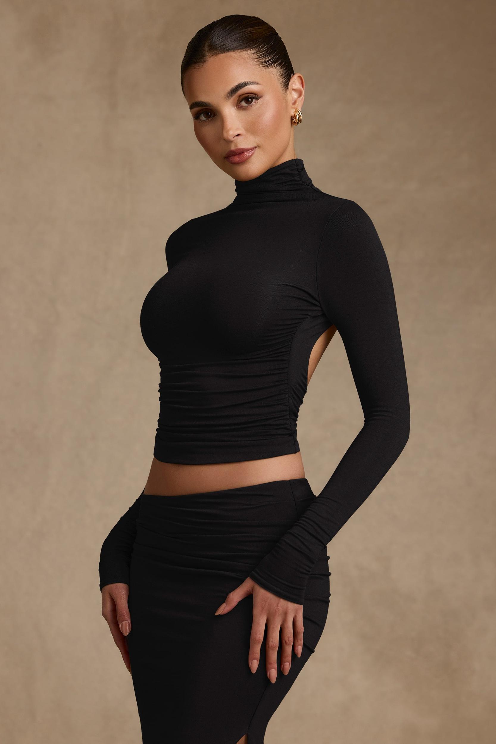 Modal Ruched Backless Turtleneck Top in Black Product Image