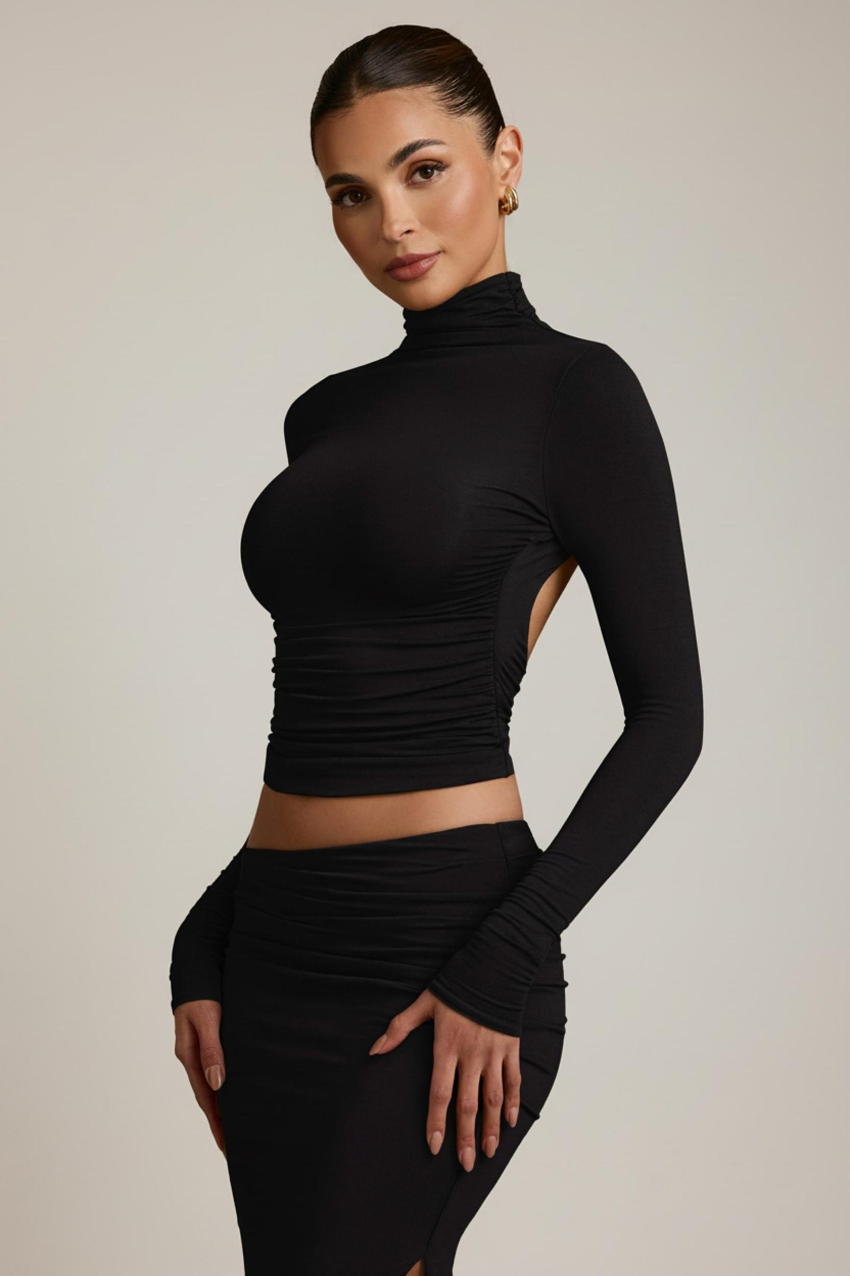 Modal Ruched Backless Turtleneck Top in Black Product Image