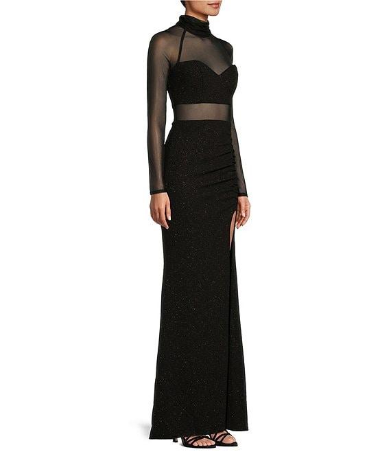 City Vibe Long Sleeve Mock Neck Illusion Ruched Long Slim Dress Product Image