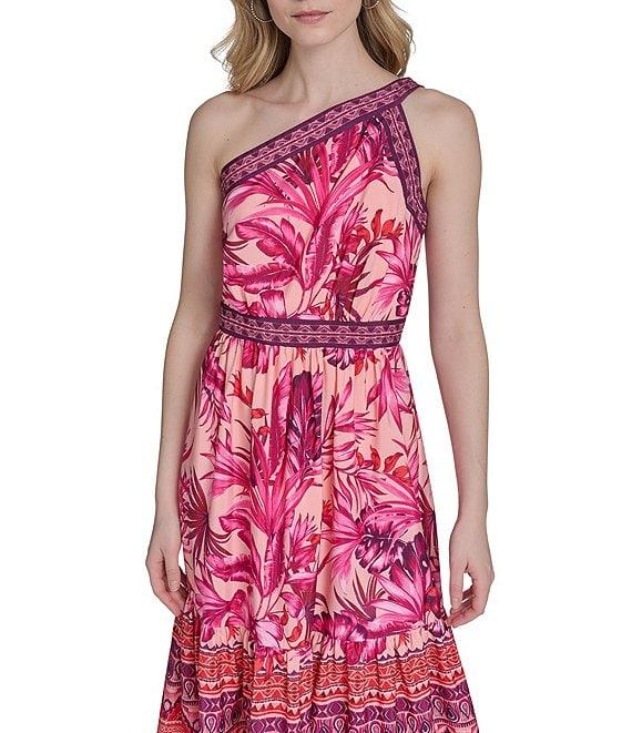 Eliza J One Shoulder Tropical Floral Print Tiered A-Line Midi Dress Product Image