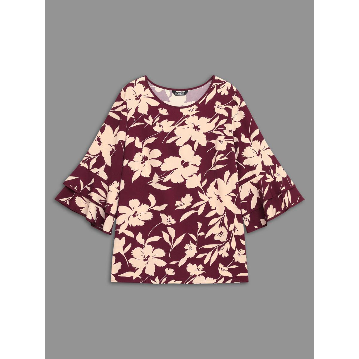 Plus Size Plum Silhouette Floral Print Tiered Ruffles Blouse Women Elegant Elbow-length sleeve Round Neck Everyday Blouses BloomChic 12/L Product Image