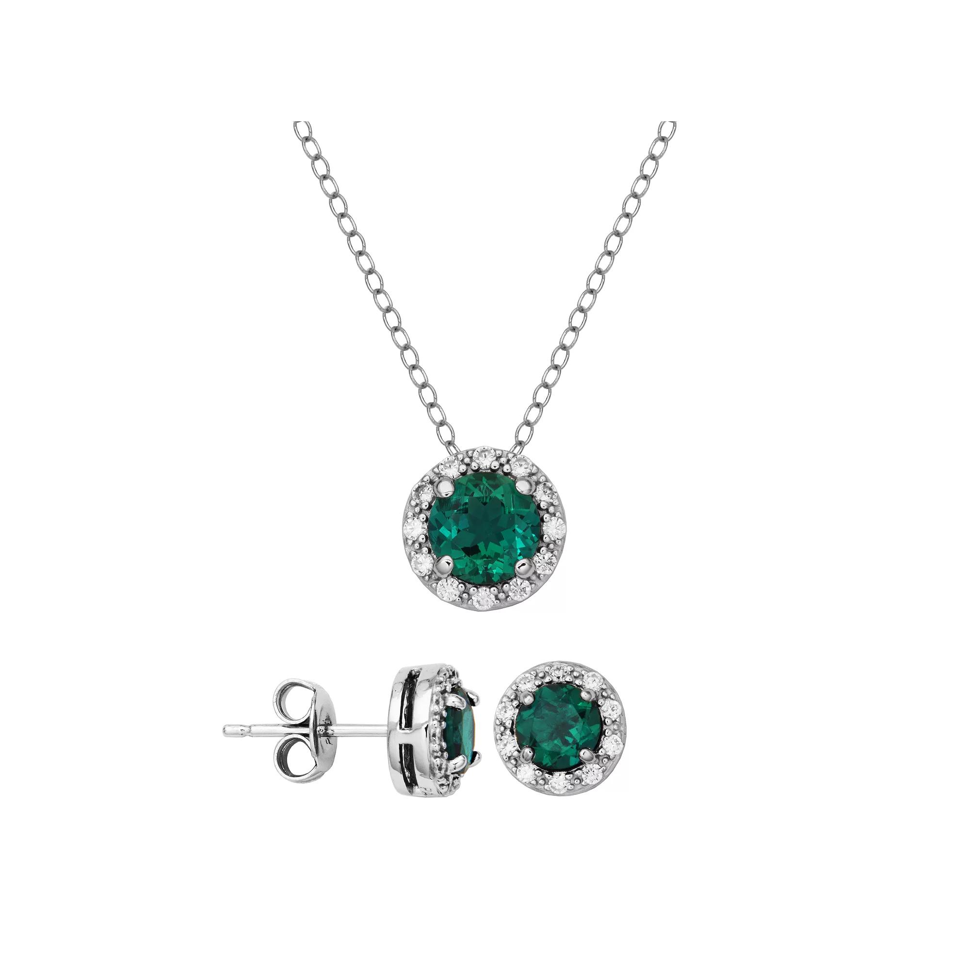 Sterling Silver Lab-Created Emerald & Cubic Zirconia Halo Pendant Necklace & Stud Earrings Set, Women's Product Image