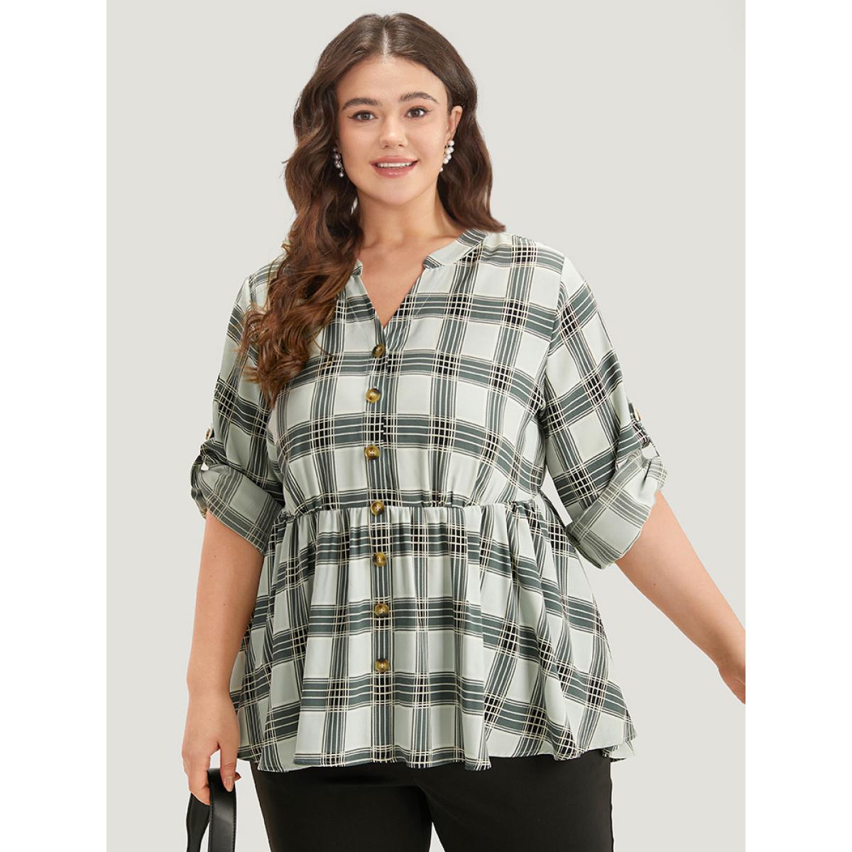 Plus Size SlateGray Plaid Notched Button Through Tab Sleeve Blouse Women Office Long Sleeve Shirt collar Work Blouses BloomChic 18-20/2X Product Image