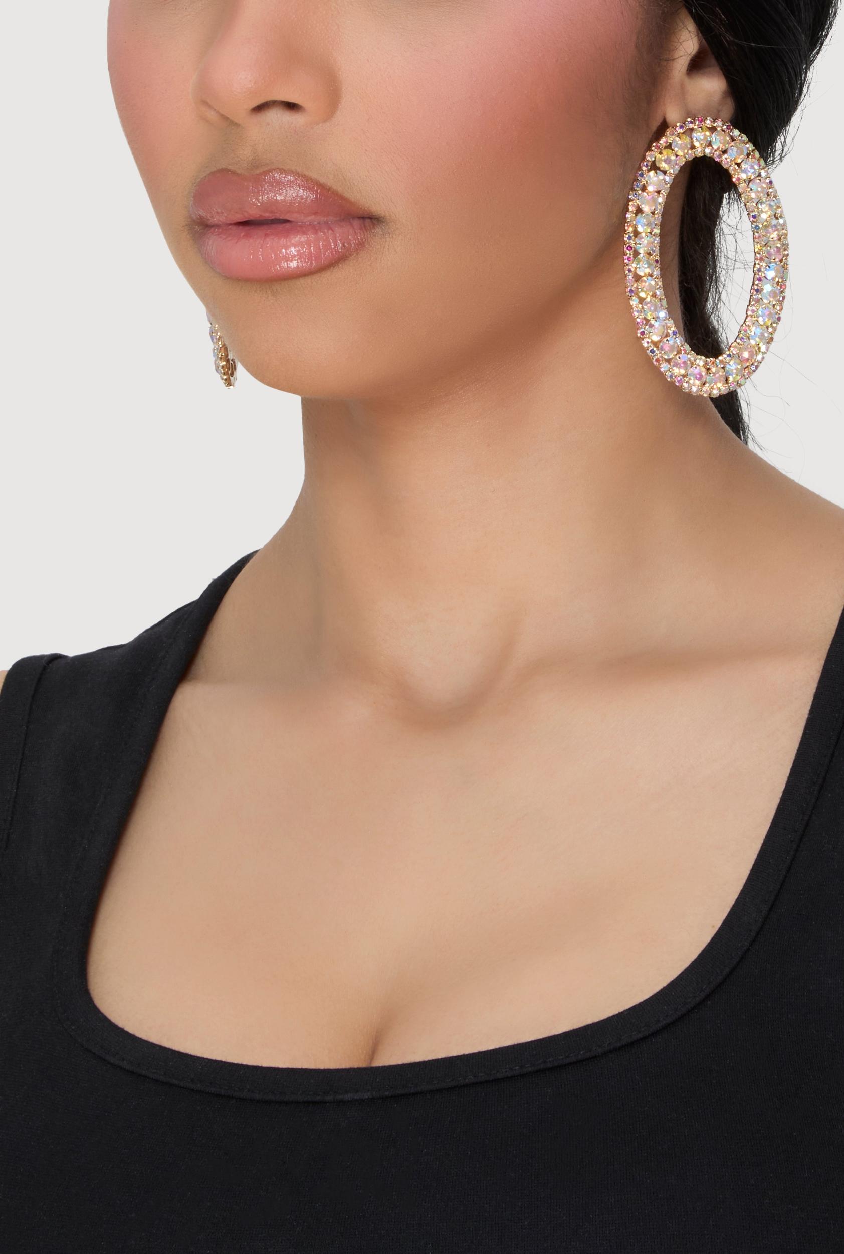 Rhinestone Oval Drop Earrings Unisex Product Image