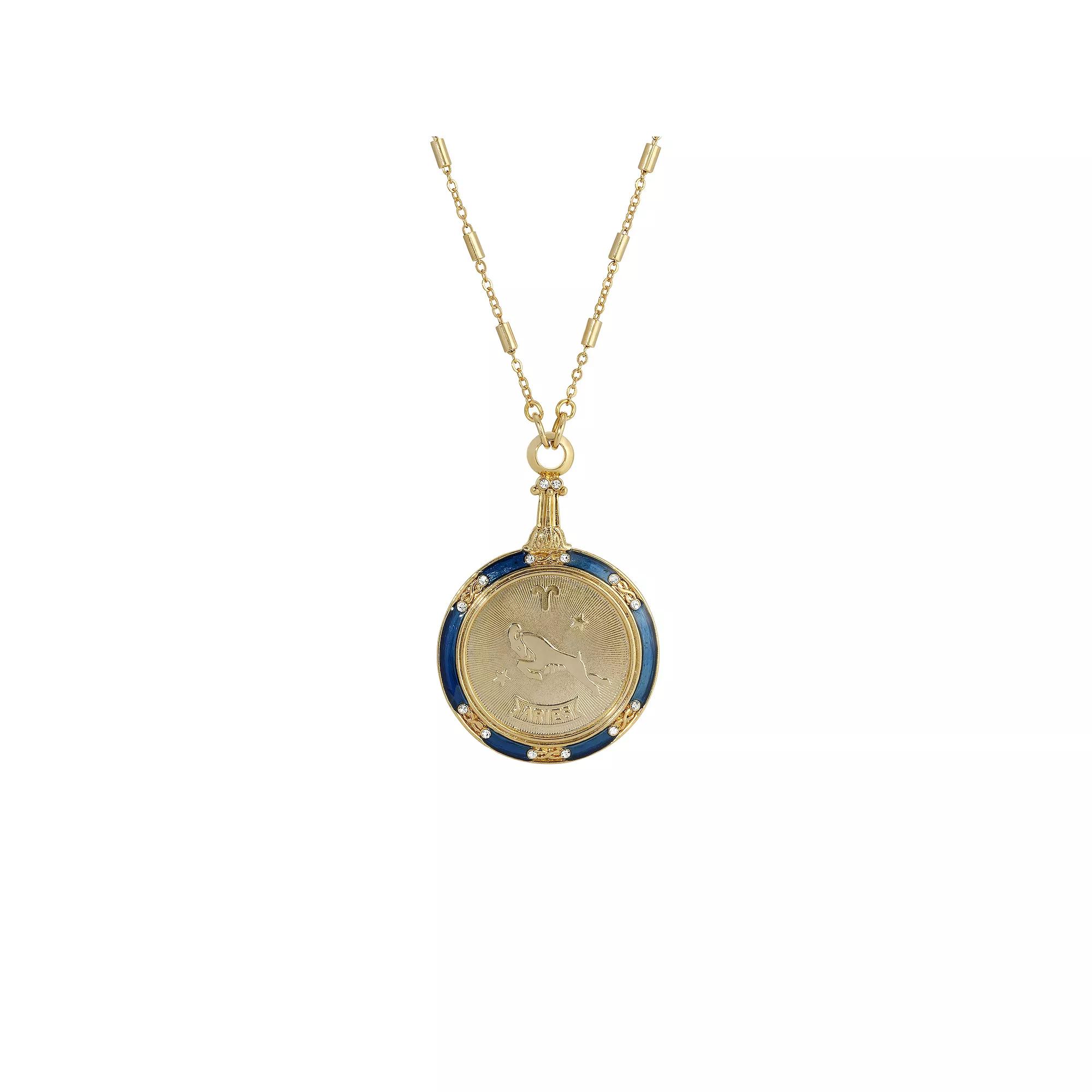 1928 Gold Tone Blue Enamel & Clear Crystal Zodiac Pendant Necklace, Womens, Aries Product Image