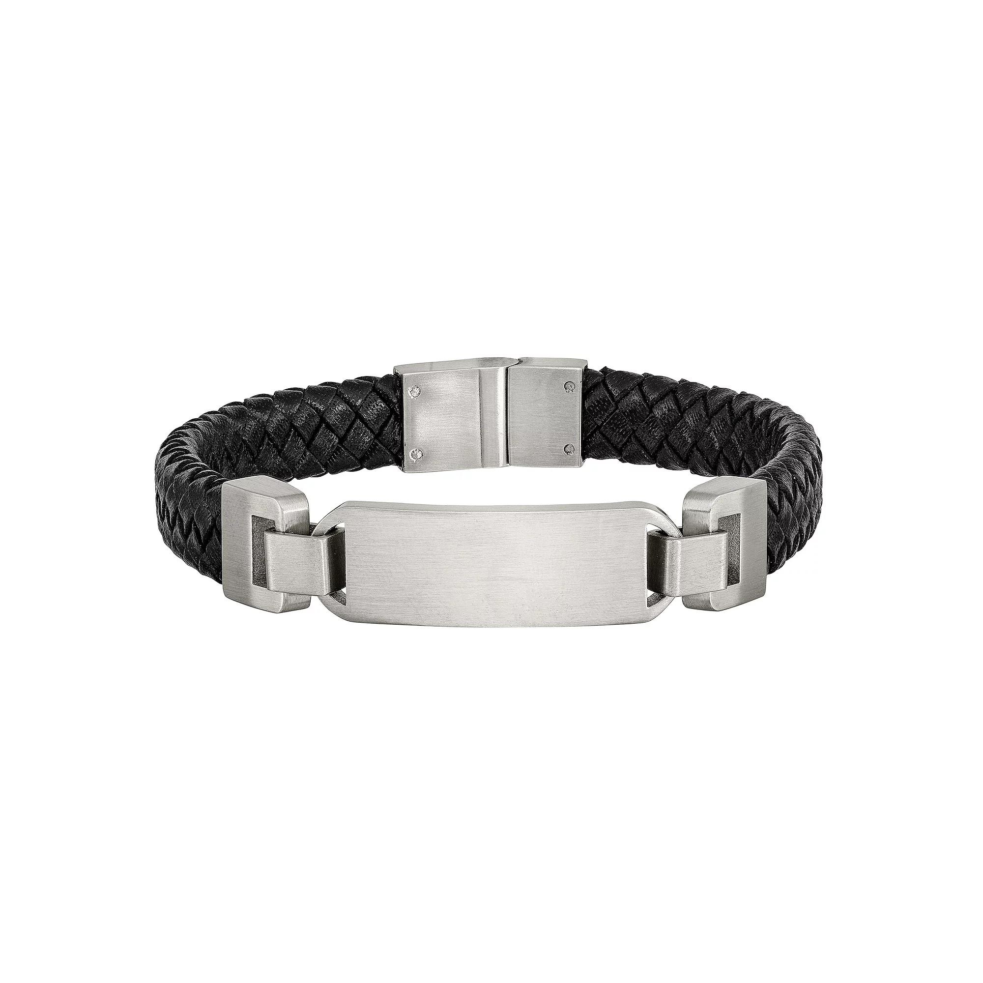 Men's Stainless Steel Black Leather ID Bracelet,  Product Image
