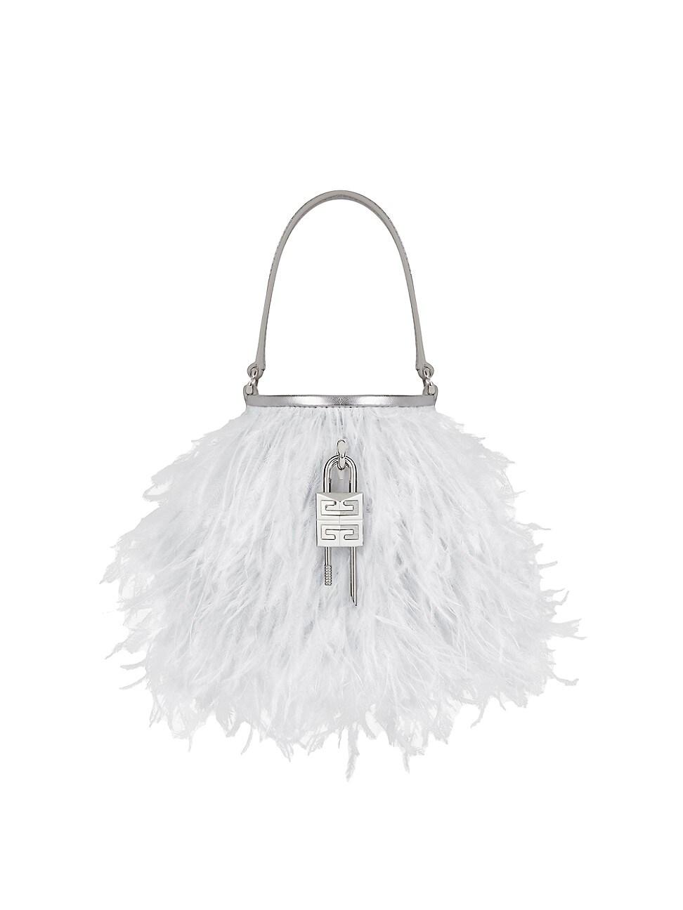 Womens Micro Shark Lock Bucket Bag in Satin with Feathers Product Image