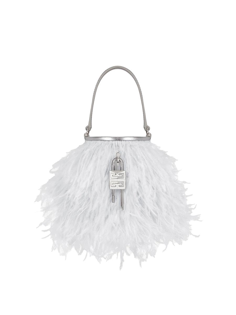 Womens Micro Shark Lock Bucket Bag in Satin with Feathers Product Image