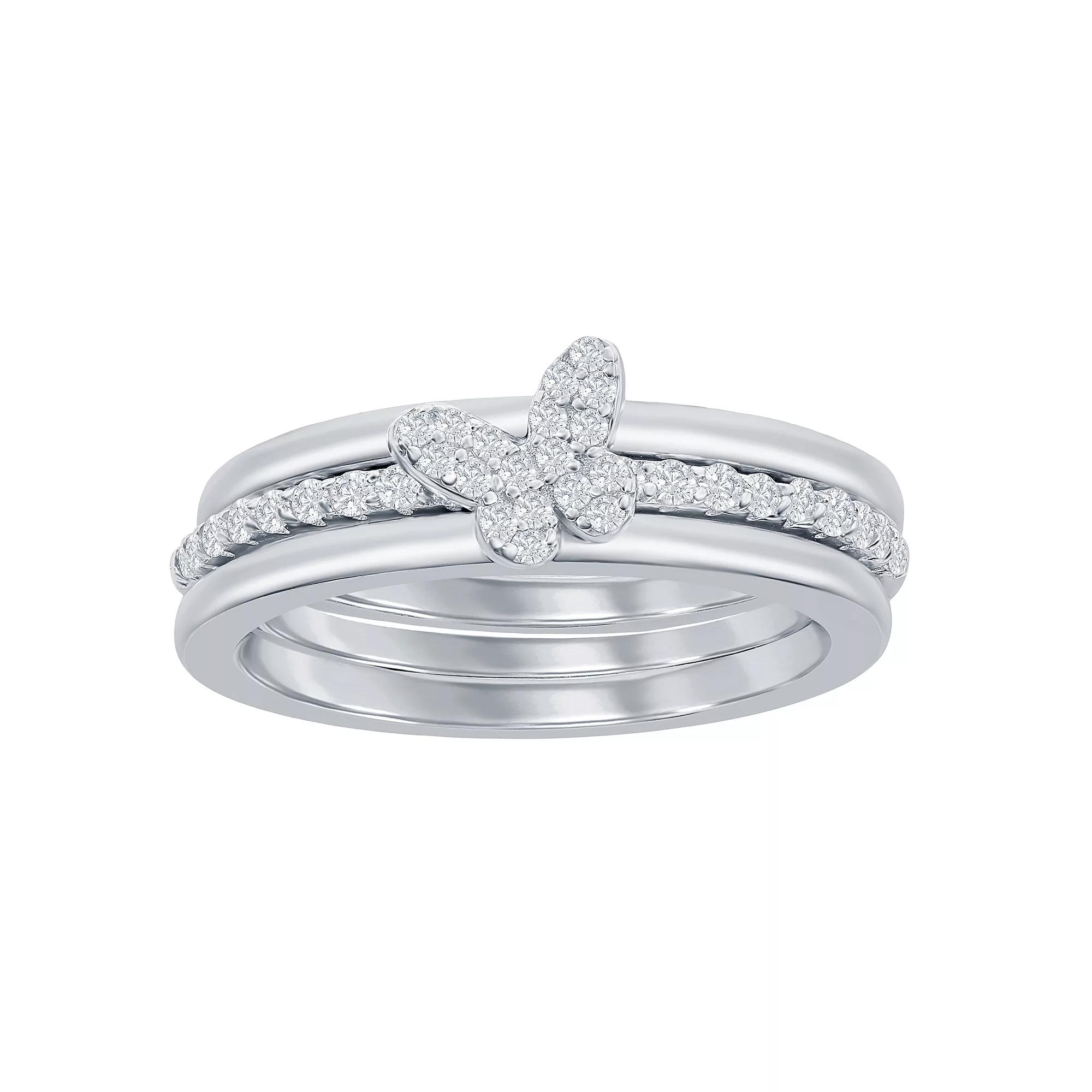 Sterling Silver 3 Piece Butterfly Cubic Zirconia Ring, Women's, Size: 7 Product Image