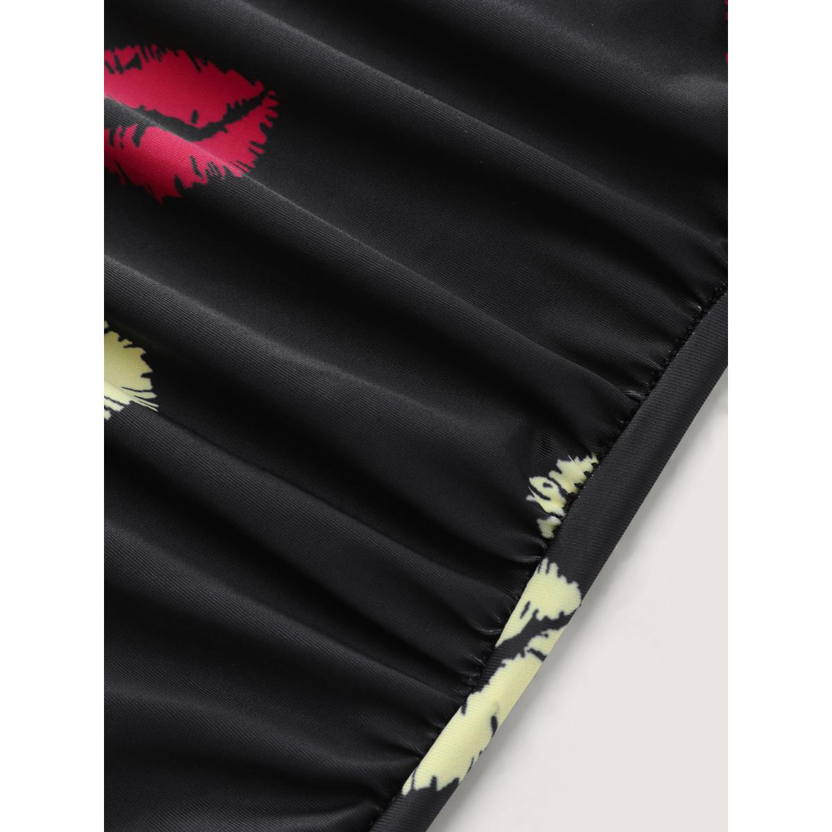 Plus Size Mesh Lip Pattern Ruched One-Piece Swimsuit Women's Swimwear Black Resort Gathered Curve Bathing Suits High stretch One Pieces BloomChic 30/6X Product Image