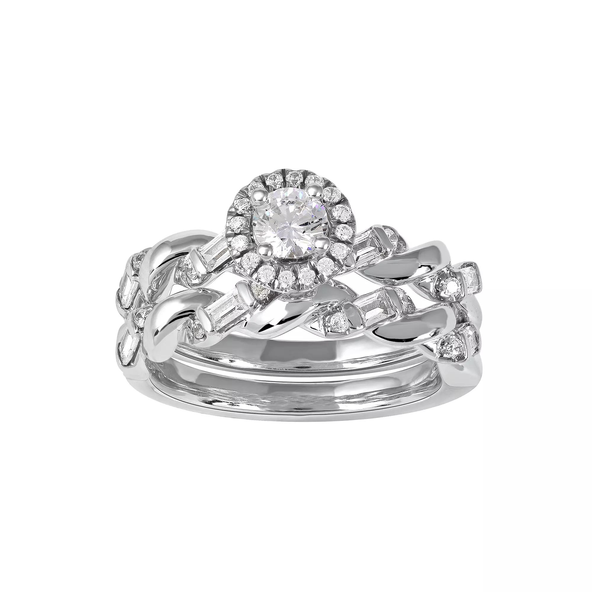 DeCouer Sterling Silver 1/3 Carat T.W. Diamond Halo Engagement Ring Set, Women's, Size: 9, Silver Tone Product Image