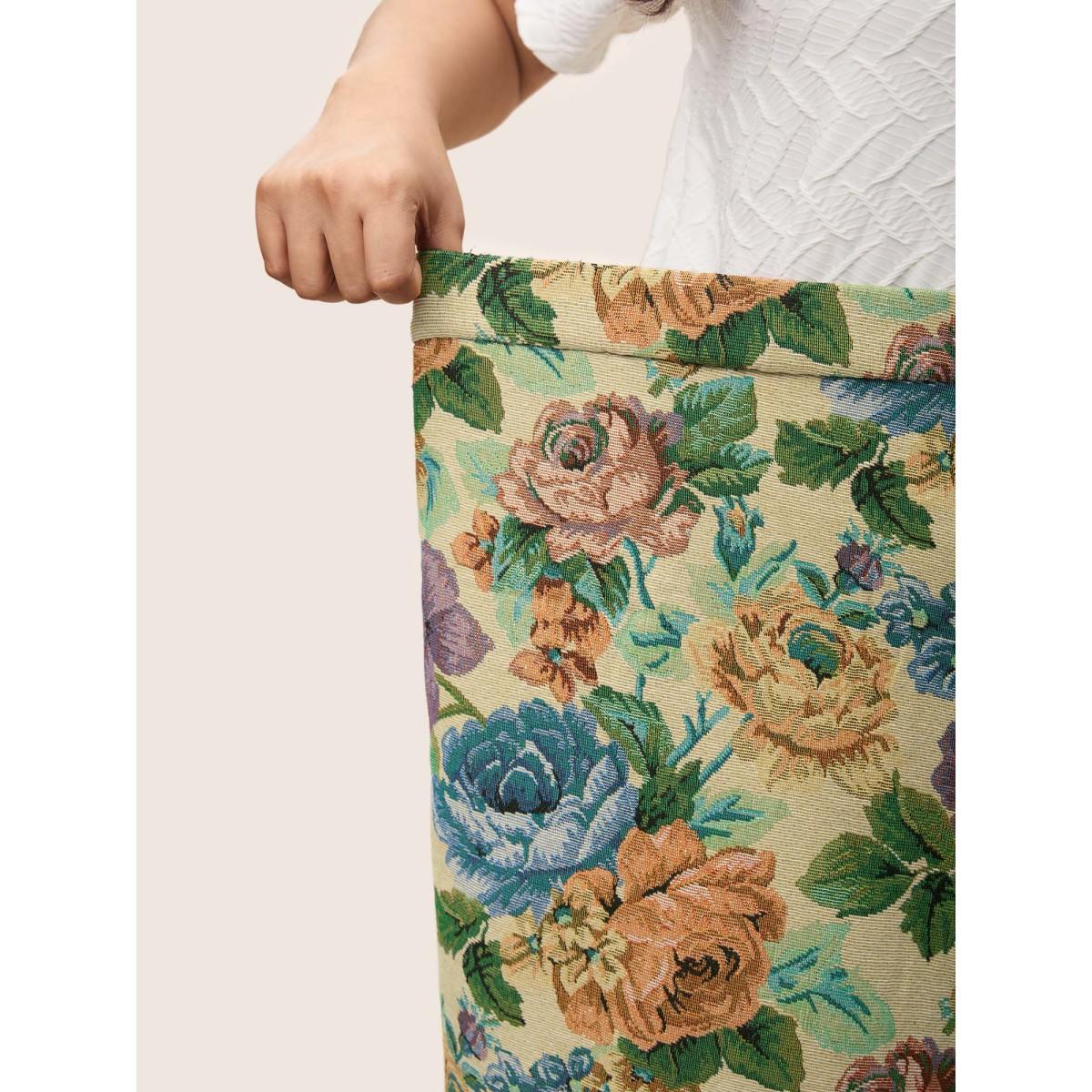 Plus Size Floral Print Elastic Waist Pocket Split Hem Skirt Women LightBrown Elegant Non No stretch Slanted pocket Everyday Skirts BloomChic 22-24/3X Product Image