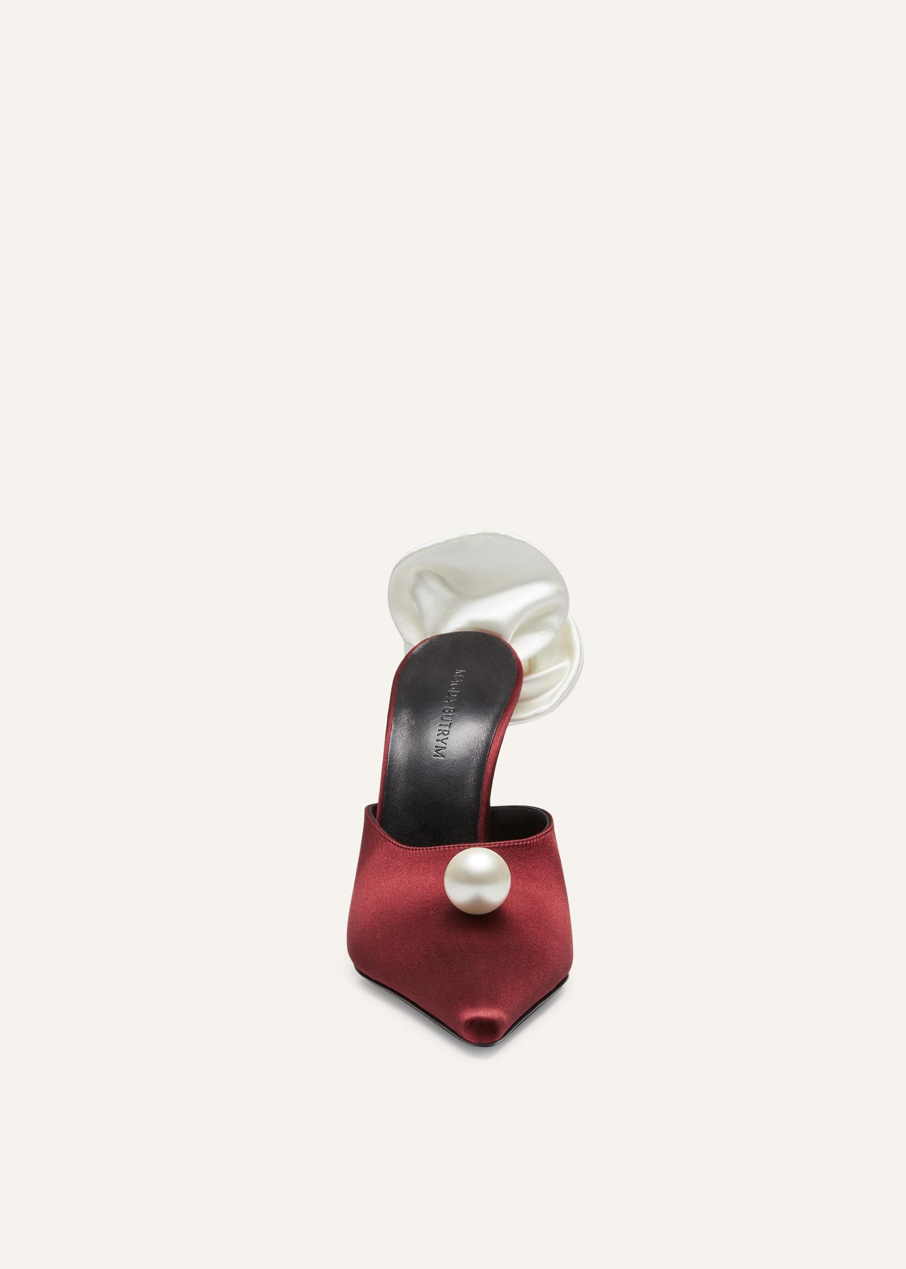 Pointed flower mules in burgundy satin Product Image