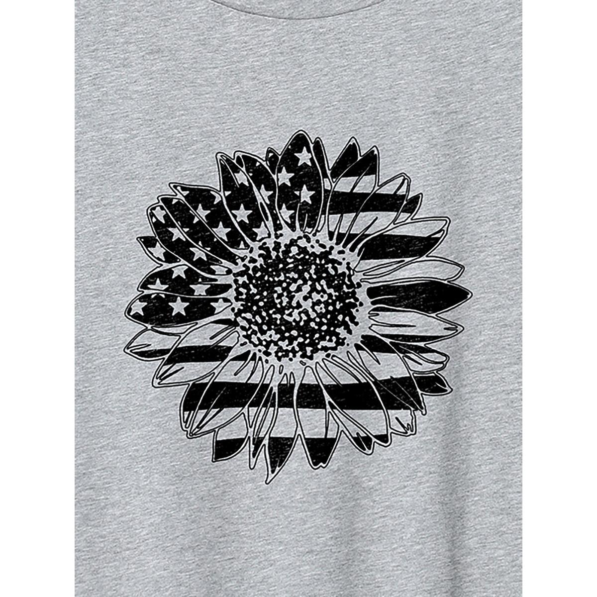 Plus Size American Flag Floral Print Round Neck T-Shirt Mediumgray Women Leisure Non Country Round Neck Casual T-shirts BloomChic 10/M Product Image