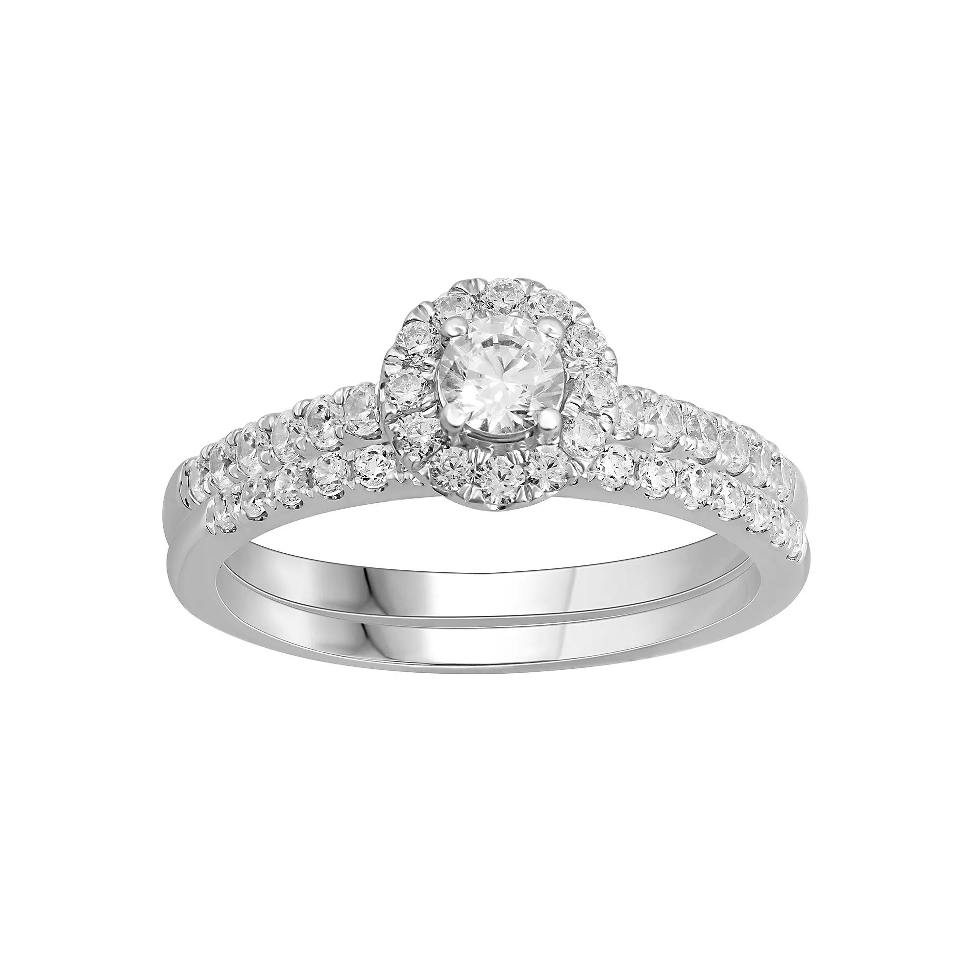 Platinum 1 Carat T.W. Diamond Halo Engagement Ring Set, Women's, Size: 6, White Product Image