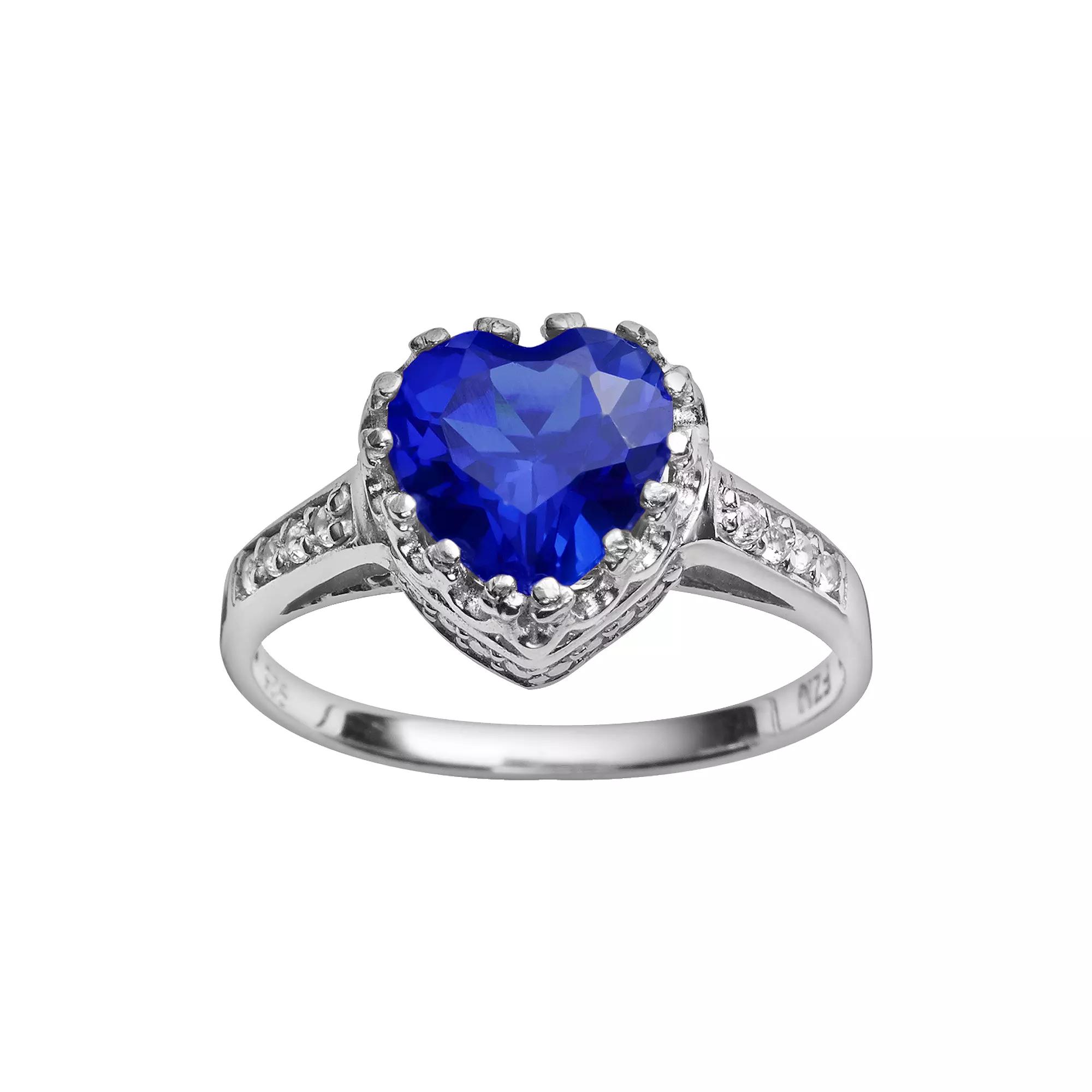 Designs by Gioelli Sterling Silver Lab-Created Sapphire and Lab-Created White Sapphire Heart Crown Ring, Women's, Size: 7, Blue Product Image