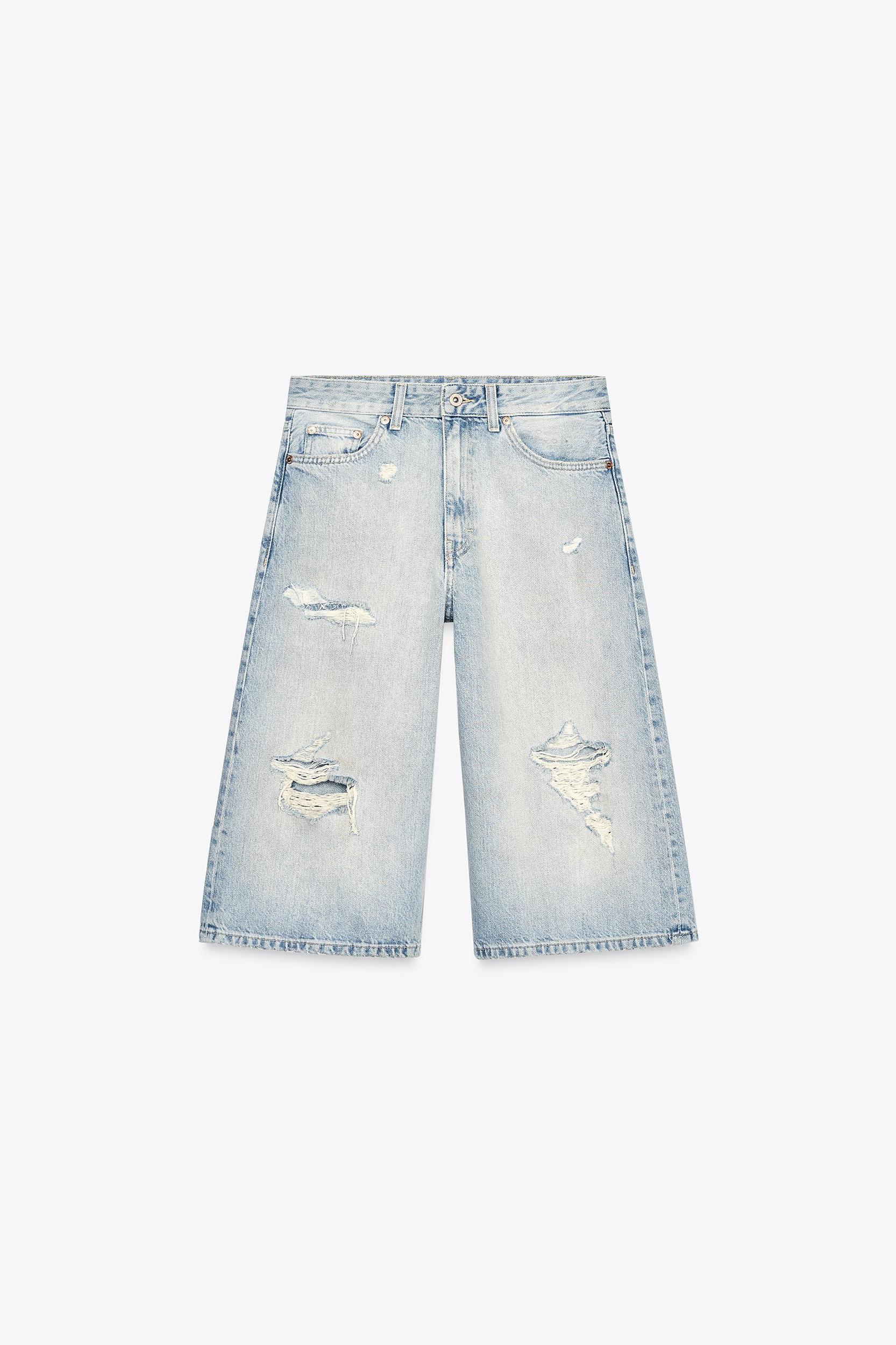 MID-RISE RIPPED DENIM BERMUDA JORTS Product Image
