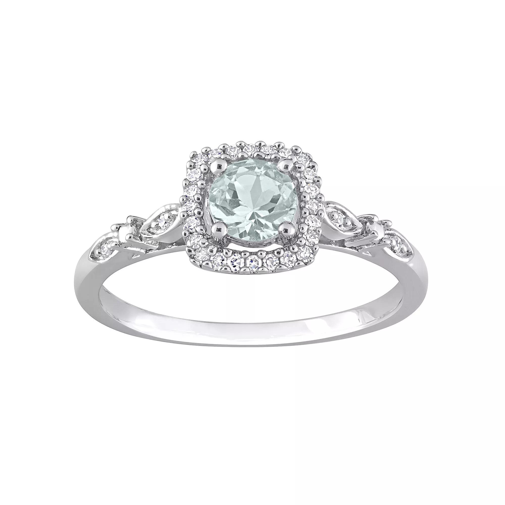 Stella Grace Sterling Silver Aquamarine & 1/10 Carat T.W. Diamond Square Halo Ring, Womens Product Image