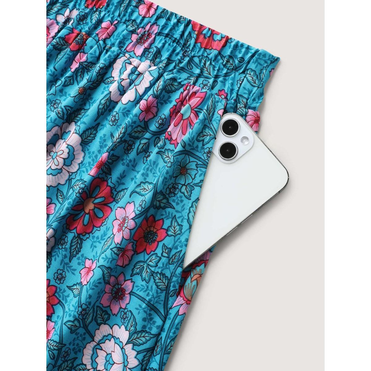 Plus Size Floral Fun Wide-Waist Maxi Skirt Women Cerulean Resort Patchwork Low stretch Slanted pocket Vacation Skirts BloomChic 18-20/2X Product Image