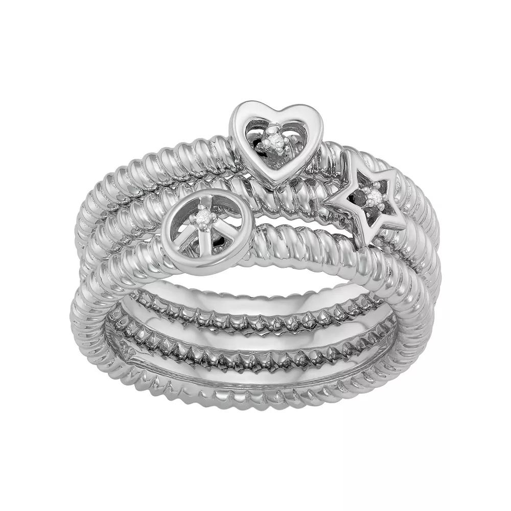 Jewelexcess Sterling Silver Diamond Accent Heart, Star & Peace Sign Stack Ring Set, Women's, Size: 6, Silver Tone Product Image