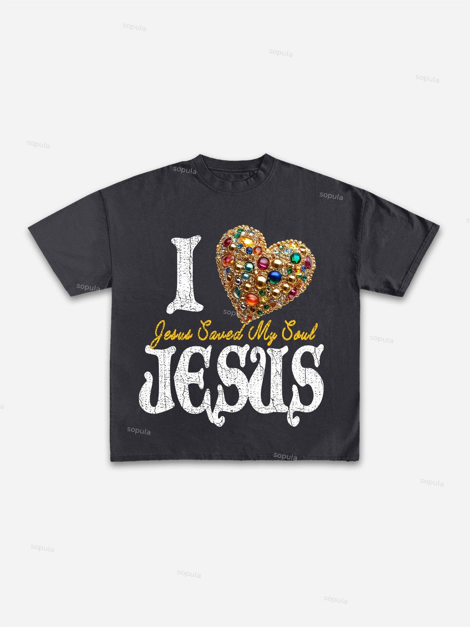 I Love Jesus Diamond Graphic Print Cotton T-shirt Product Image