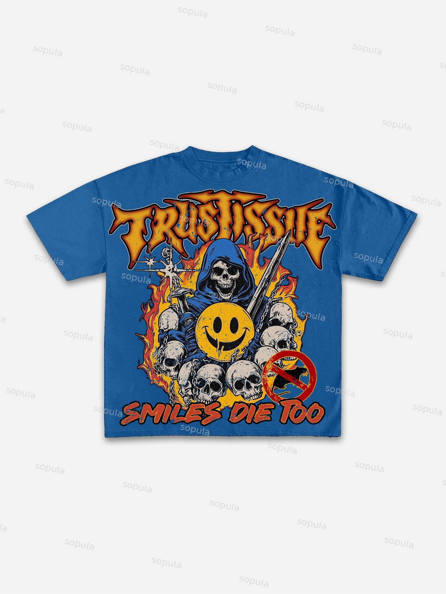 Dystopian Street Smiles Die Too Graphics Cotton T-shirt Product Image