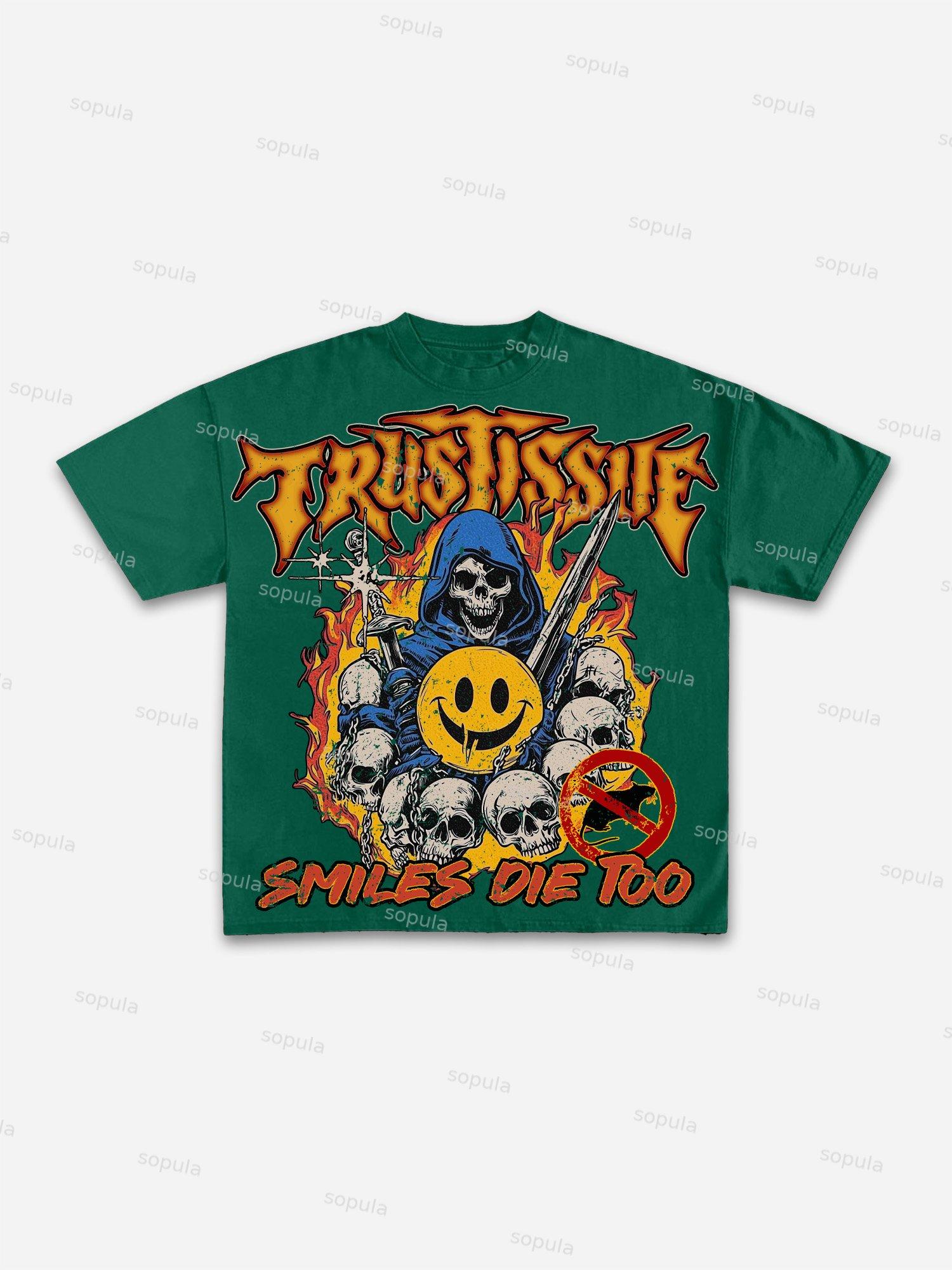 Dystopian Street Smiles Die Too Graphics Cotton T-shirt Product Image